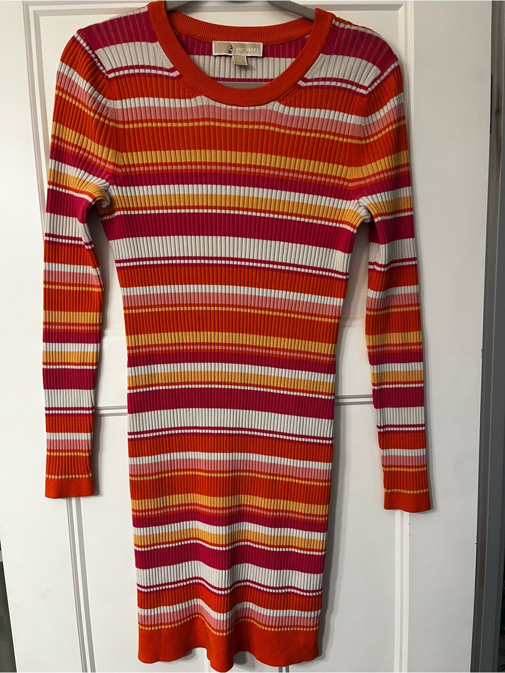 Michael Kors Multicolor Ribbed Stripe Knit Top in Orange, Pink & White